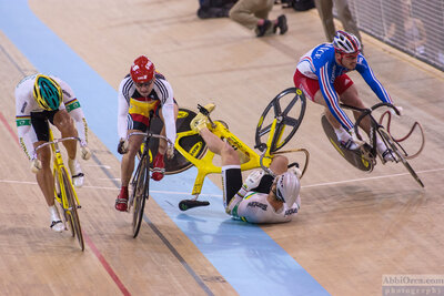 Keirin 2nd heat crash. Jobie Dajka (Australia) gets tangled up with René Wolff (Germany) and Arnaud Tournant (France) in the keirin
