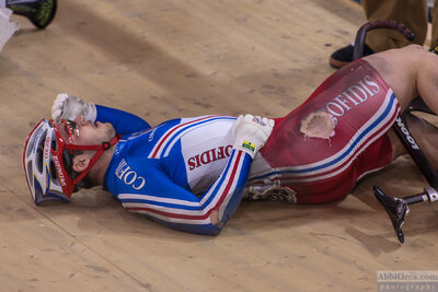Arnaud Tournant post Keirin 2nd heat crash. 2005 UCI Track Cycling World Championships - Track Cycling - Los Angeles, United States